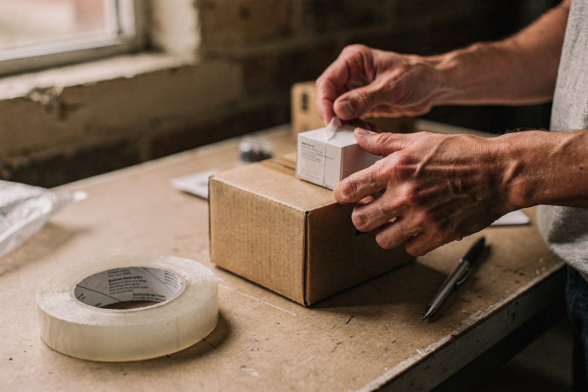Hands taping a small cardboard parcel closed on a packing table